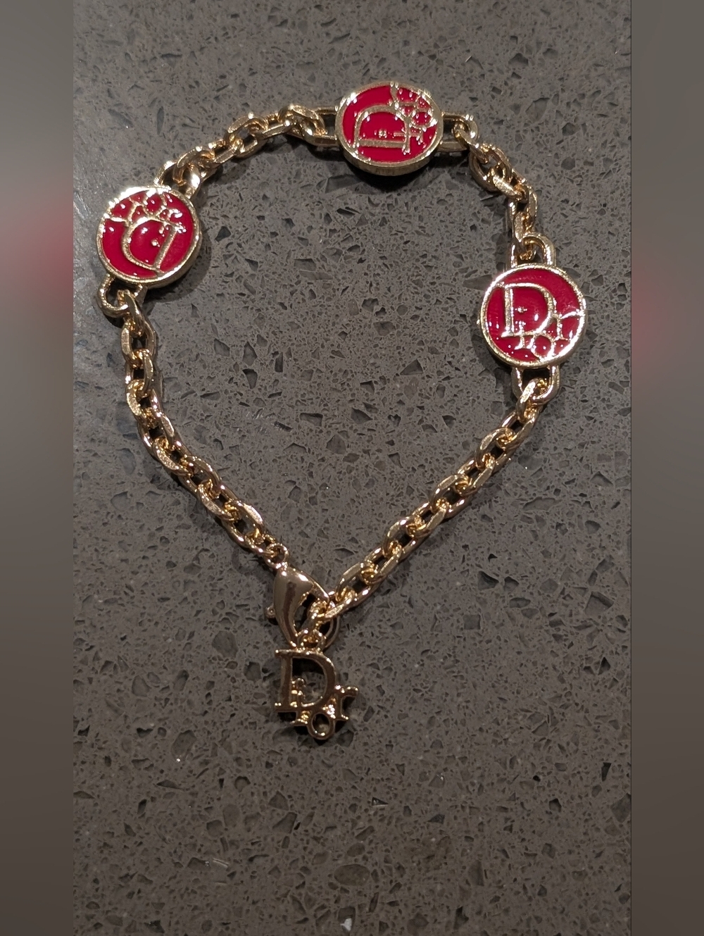 Dior Gold Chain Bracelet with Red Logo Medallions - Picture 2 of 10